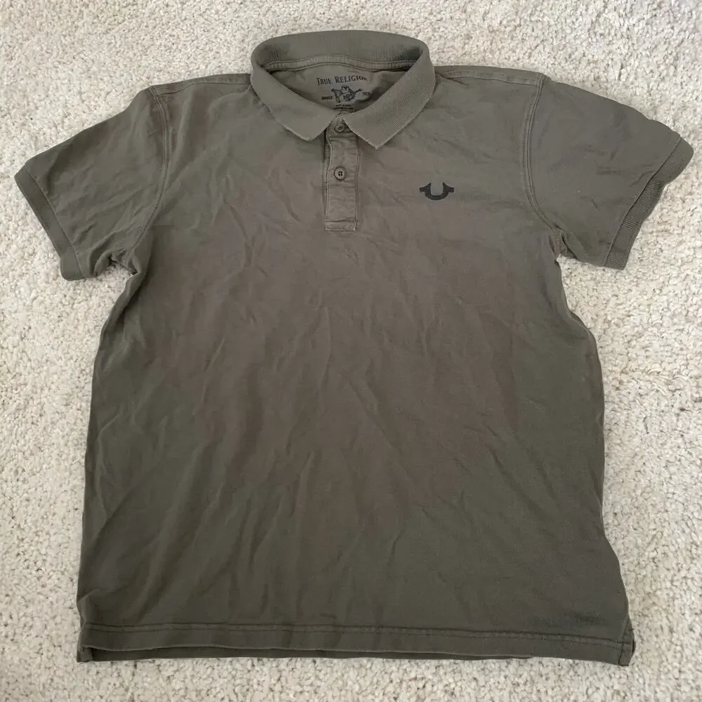 True Religion Graphic Polo Mens Large Olive Shirt Crafted With Pride Spell Out